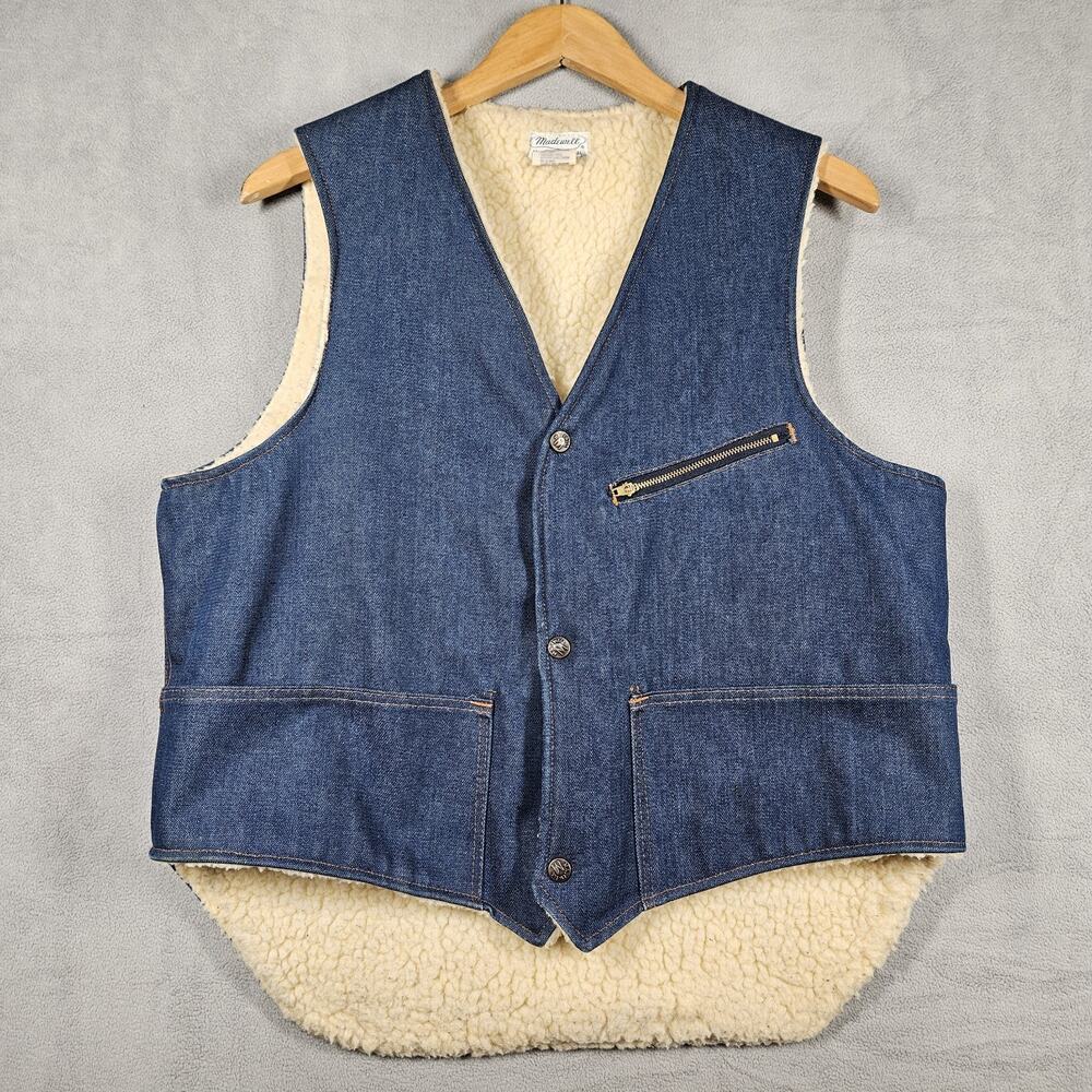 Vintage Sherpa Lined Denim Vest Mens M Madewell USA Made Workwear Western Cowboy